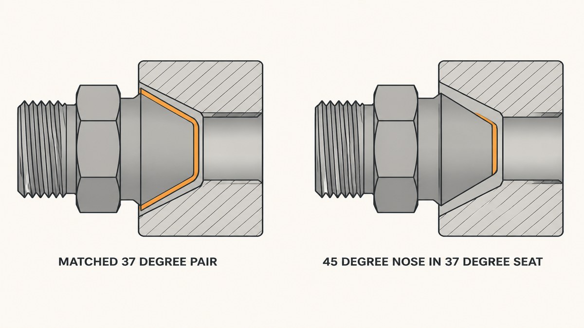 A 37 degree and a 45 degree hydraulic flare seat compared in section, showing that they contact on different parts of the cone face and do not seat on each other