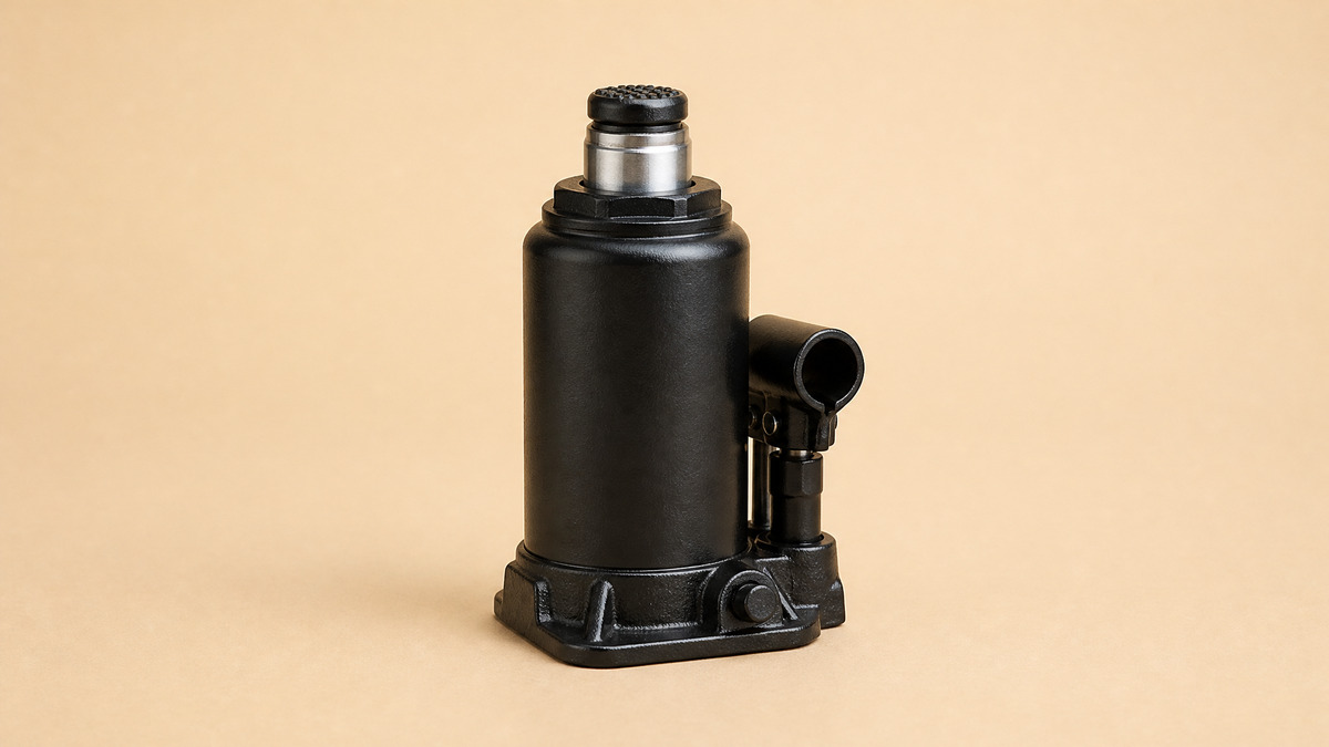 Black hydraulic bottle jack with a bare steel saddle on a beige studio surface