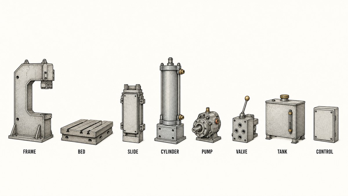 Eight machine parts drawn in a single row as a hand-drawn pen-and-ink engineering plate, each an isolated object with a label underneath: a heavy welded steel press frame drawn as an upright C shape in side elevation, a massive horizontal steel bed plate with T-slots, a moving slide or ram with a plain flat face, a large vertical hydraulic cylinder, a gear pump body, a machined valve block with a lever, a rectangular hydraulic oil tank with a filler cap and a sight glass, and a small control panel box with a plain blank front