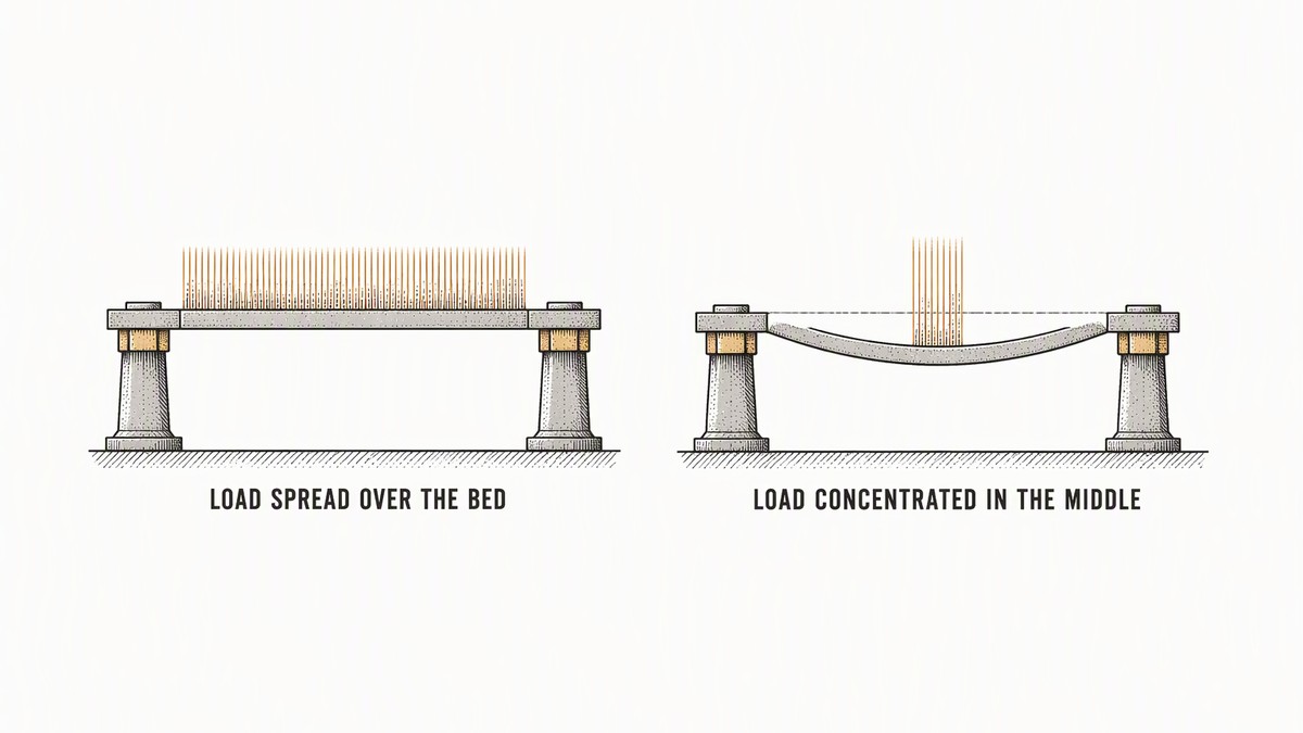 Two hydraulic press beds drawn in side elevation in a single row as a hand-drawn pen-and-ink engineering plate, each with an identical heavy steel bed plate on two upright supports: on the left the plate drawn perfectly straight and flat with the applied load shown as a broad soft downward hatching band spread across the whole span and the plate staying true; on the right the same plate drawn with a visible sag in the middle of its span, a clear gap opened between the plate and a faint straight reference line drawn above it, with the same downward hatching band applied but concentrated in the middle, each with a label underneath