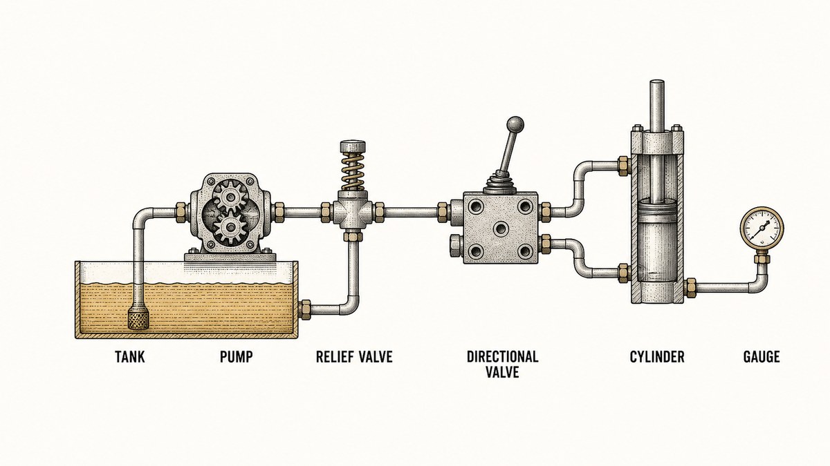 A hydraulic circuit drawn as a line diagram of physical components joined by plain pipe runs as a hand-drawn pen-and-ink engineering plate, left to right: a rectangular oil tank in section with the oil level shown as a wavy line, a gear pump on top of the tank with its inlet dipping into the oil, a spring-loaded relief valve drawn as a small valve body with a visible coiled spring on top and a return pipe back to the tank, a machined directional valve block with a plain lever and two pipe runs, a vertical double-acting cylinder in section with a piston and rod and one pipe entering at each end, and a small round pressure gauge on a short stub in the pipe run between pump and valve, each with a label underneath