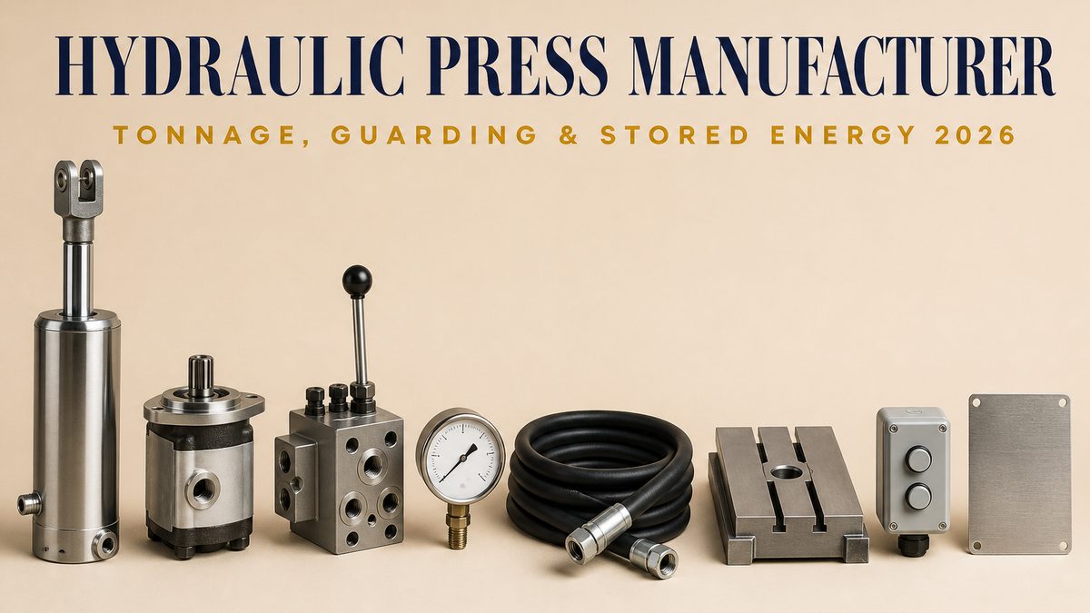 Hydraulic press cover: a thick chrome-plated hydraulic cylinder with its rod extended and a clevis at the rod end, a small gear pump with two ports and a keyed drive shaft, a machined steel valve block with several spool bores and a plain lever, a small round dial pressure gauge with a blank white face on a short brass stub, a coiled black high-pressure hydraulic hose with crimped steel end fittings, a heavy machined steel die shoe plate with T-slots, a small two-button operator control station with two plain round buttons on a shallow box, and a blank brushed stainless steel nameplate, on a pale beige studio surface