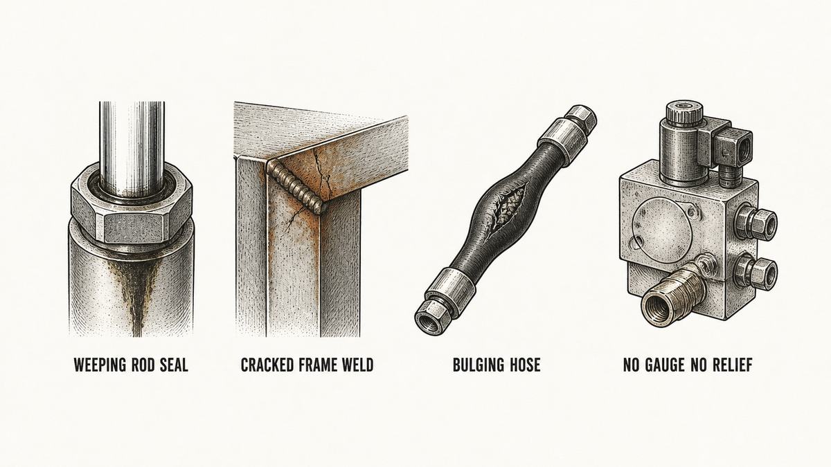 Four hydraulic press problems in a single row as a hand-drawn pen-and-ink engineering plate: a close-up of a chrome cylinder rod entering its gland nut with a visible ring of dark oil weeping out around the rod and a wet stain running down the barrel below; a close-up of a welded corner of a heavy steel press frame with a fine crack along the toe of the weld and rust staining around it; a length of high-pressure hydraulic hose with crimped end fittings and an obvious swollen bulge in the middle with fine frayed braid showing through a split in the outer cover; and a hydraulic valve block with a blank flat face where a small round gauge should be mounted and a bare pipe tee left open with its threaded plug missing, each with a label underneath
