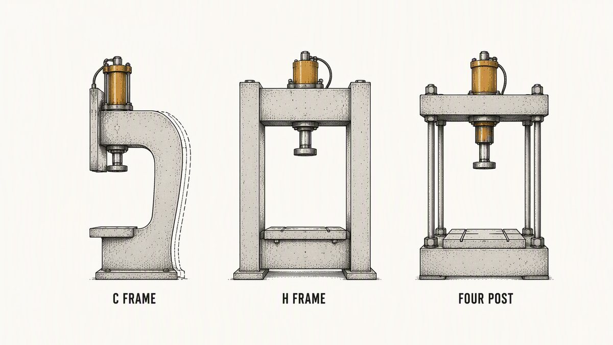 Three hydraulic press frames drawn in side elevation in a single row as a hand-drawn pen-and-ink engineering plate: an open C-shaped frame with a single upright and a cantilevered bed, drawn springing visibly open at the throat under load; a closed H-shaped frame with two uprights and top and bottom members, drawn rigid and square; and a four-post frame with four slender vertical tie rods between heavy top and bottom plates and the cylinder in the centre of the top plate, drawn square and symmetrical, each with a label underneath