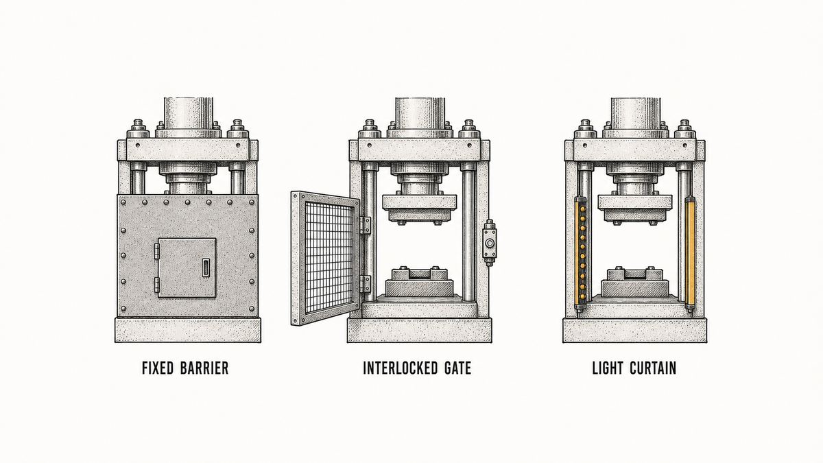Three hydraulic press operator stations drawn face on in a single row as a hand-drawn pen-and-ink engineering plate, each showing the frame, the slide and the working area between the dies: the working area completely enclosed by a rigid fixed steel barrier panel bolted to the frame with a small closed hinged access panel, the working area closed off by a hinged gate drawn swung open with a small interlock switch body mounted where the gate edge meets the frame, and the working area covered by a light curtain drawn as two slender vertical posts with a short row of small plain lamps along one inner face, each with a label underneath