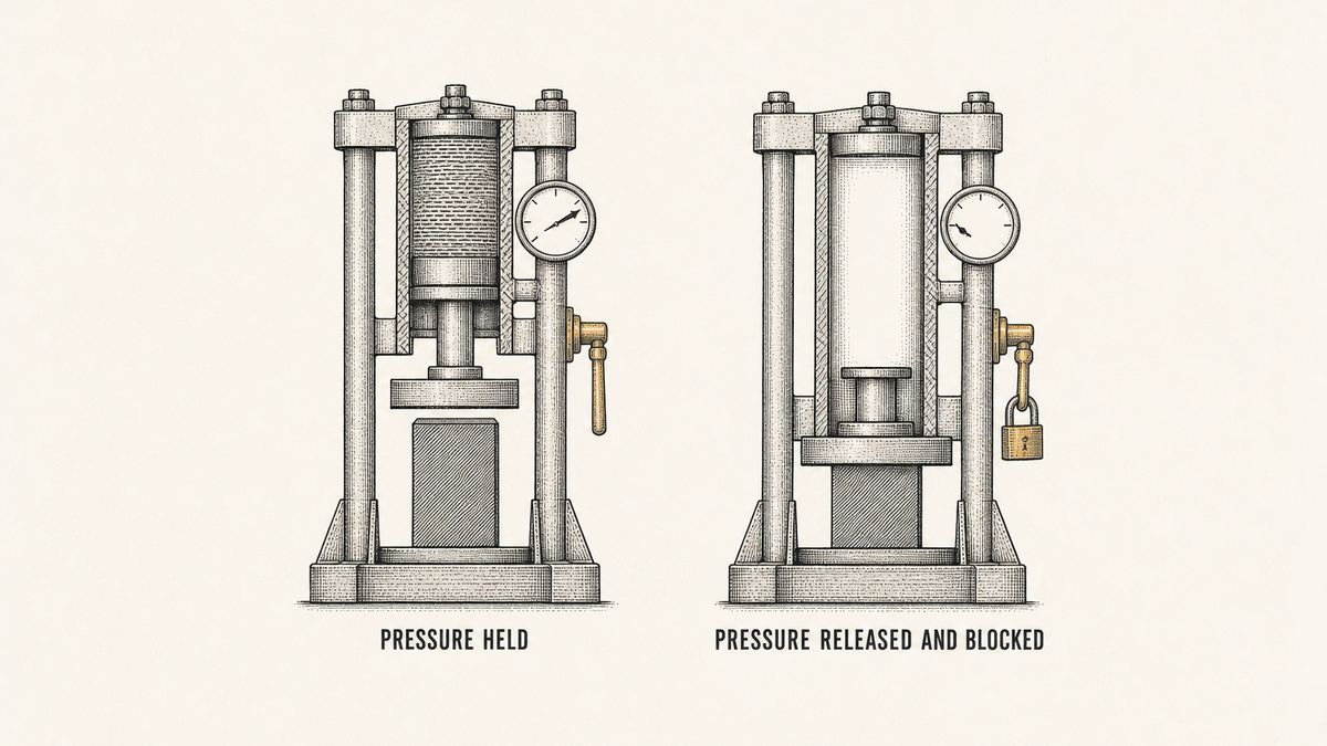 Two views of the same upright hydraulic press side by side as a hand-drawn pen-and-ink engineering plate, each cut away in section so the inside of the cylinder is visible: on the left the press with the slide raised and holding, its cylinder shown in section with the oil above the piston drawn as a dense hatched volume, a small round gauge on the cylinder with its pointer swung to the far end of a blank white scale, and a heavy steel blocking block standing under the raised slide; on the right the same press with the gauge pointer resting at the start of the blank scale, the hatched oil volume gone, the slide resting down on the blocking block, and a padlock hanging closed through the isolator handle on the frame, each with a label underneath