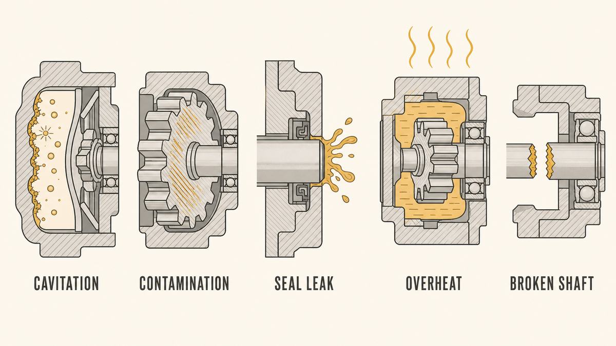 Five hydraulic pump faults shown in section: cavitation pitting on the internal surfaces, contamination scoring, a failed shaft seal leaking outside the housing, an overheated housing and a broken drive shaft