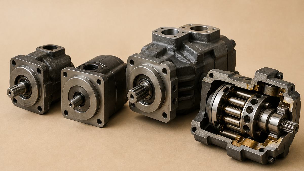 Hydraulic pump sourcing cover: an external gear pump, a vane pump, an axial piston pump and a pump cut open to show its rotating group on a beige studio surface
