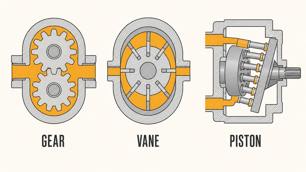 Three hydraulic pump families compared in section, a gear pump, a vane pump and an axial piston pump, alongside a fixed displacement and a variable displacement arrangement