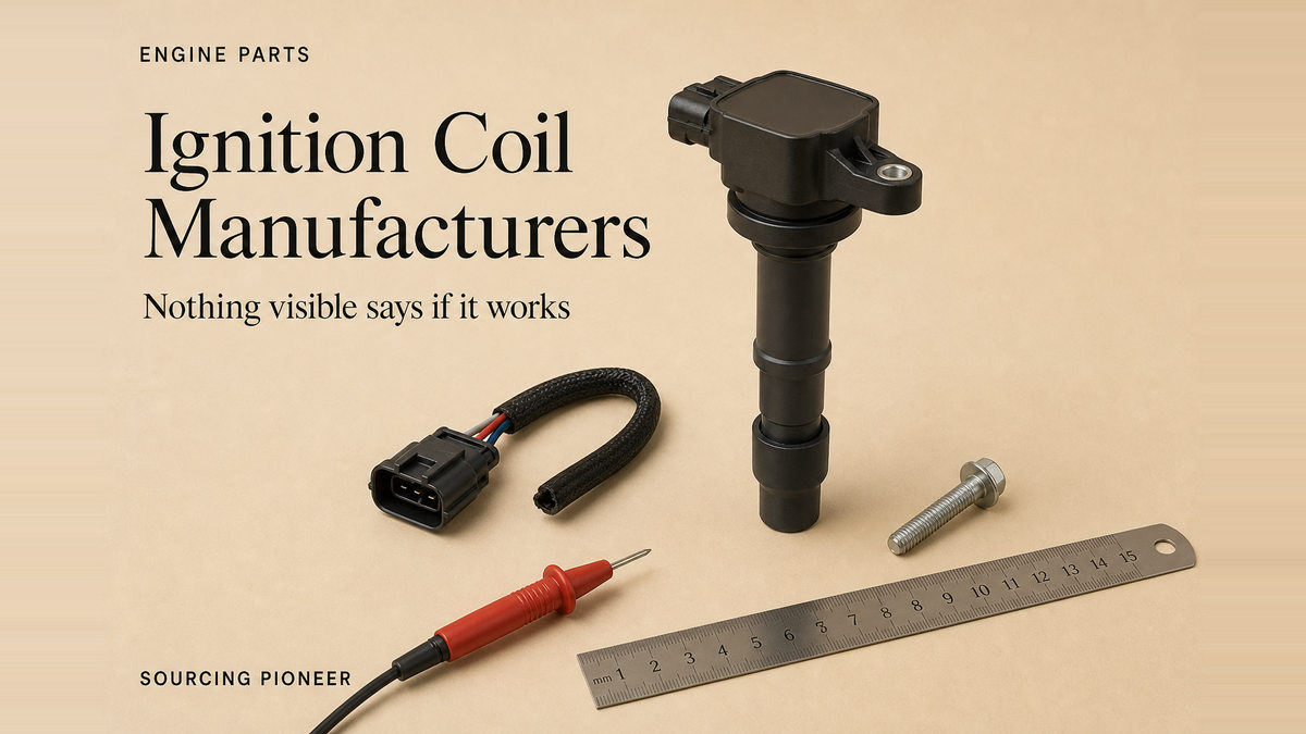 A plain unbranded coil-on-plug ignition coil standing beside its harness connector and mounting bolt on a warm beige studio surface, with a multimeter probe and a steel rule for scale