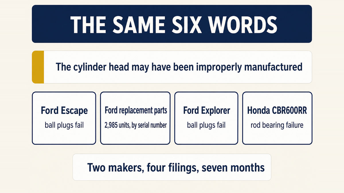 Four recalls filed between June and December 2025 by Ford and Honda, all stating the cylinder head may have been improperly manufactured: ball plugs failing on an Escape, cylinder heads sold as replacement parts recalled by part number, ball plugs again on an Explorer, and rod bearing failure on a CBR600RR
