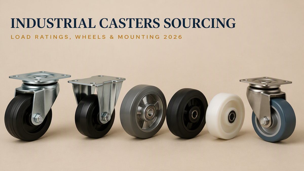 Industrial caster sourcing cover: a fixed bracket caster, a swivel caster, a grey polyurethane wheel, a black rubber wheel, a nylon wheel and a stainless plate caster on a beige studio surface