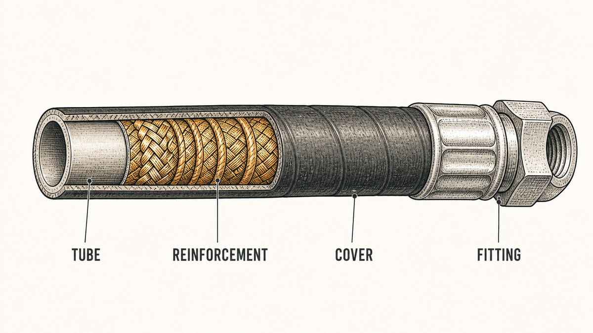 An industrial hose drawn cut away lengthwise so the wall layers are visible in section, with a crimped metal fitting on the right end, labelled with leader lines as the smooth inner tube, the braided or spiral reinforcement layers, the outer cover and the metal fitting