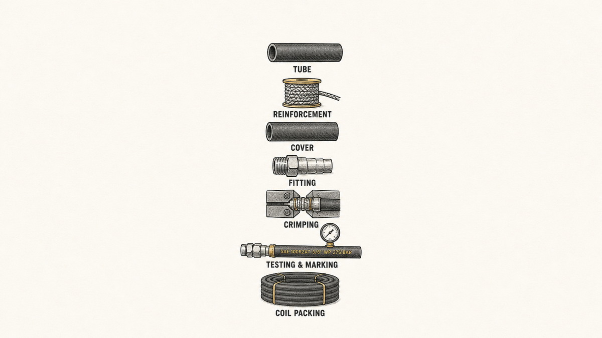 Industrial hose cost lines drawn as a vertical stack of labelled material objects: a smooth rubber tube, a spool of braid or wire reinforcement, a rubber cover sleeve, a metal end fitting, a crimping machine jaw closing on a fitting, a short hose with a pressure gauge and a printed marking line, and a coiled hose bound with ties