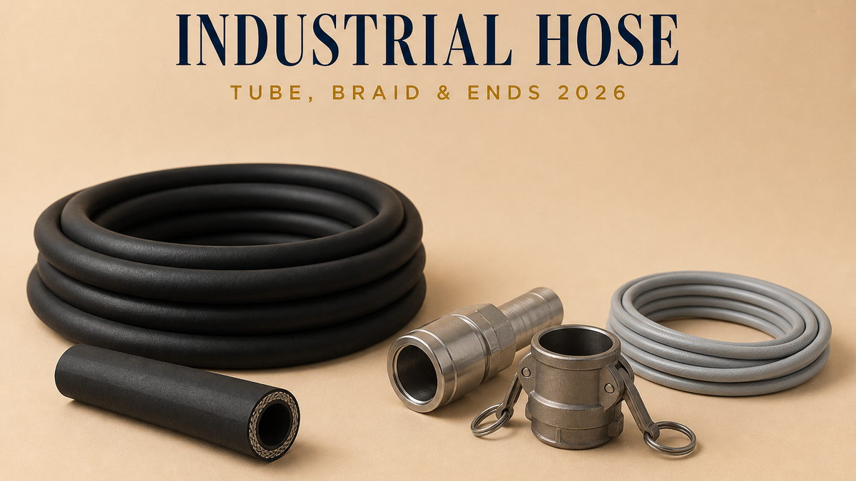 Industrial hose cover: a neat coil of thick black rubber hose, one short cut length lying flat with its layered wall visible at the cut end, two bare metal hose end fittings shown as a crimped ferrule end and a cam-and-groove coupling, and a small coil of lighter-coloured hose on a pale beige studio surface