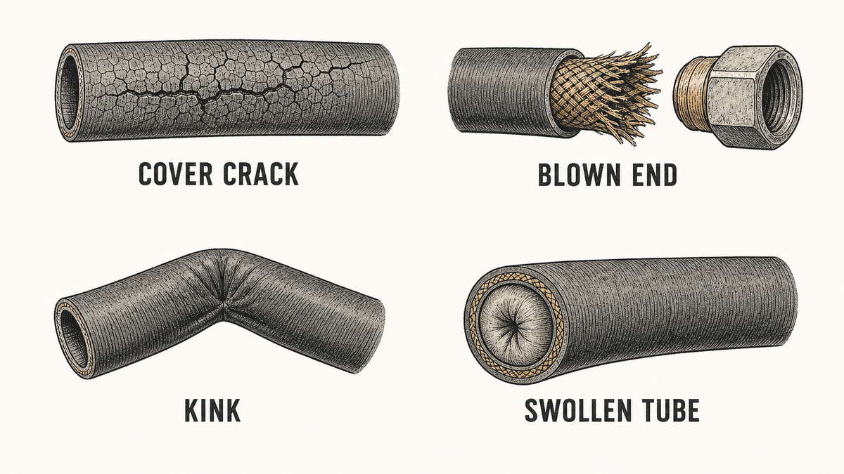 Four industrial hose failures drawn as technical illustrations: a hose with its outer cover split into a network of fine cracks, a hose whose metal end fitting has been forced off with the reinforcement pulled out of the end, a hose sharply folded and flattened at the fold, and a cut end showing the inner tube swollen inward and closing the bore