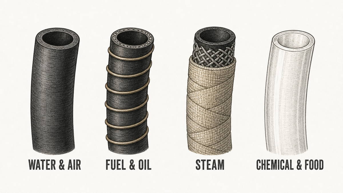 Four industrial hose types drawn as technical illustrations side by side: a plain black hose for water and air, a hose with a visible wire helix spiral on its surface for fuel and oil, a hose with a wrapped fabric cover and metal braid visible at the cut for steam, and a pale translucent white smooth-bore hose for chemicals and food