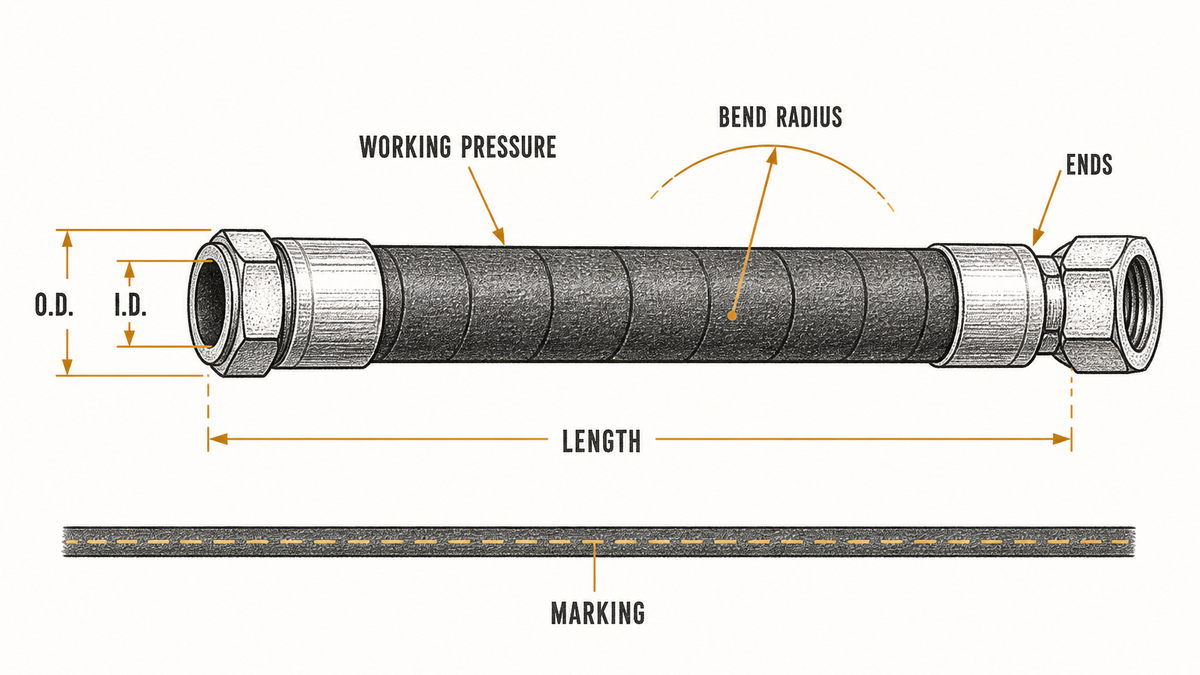 An industrial hose drawn as a side-on technical flat with amber dimension lines marking the inner bore diameter across the open end, the outside diameter, working pressure, bend radius along a shallow curve, the overall length and the end fitting, with a single long printed marking band drawn below it