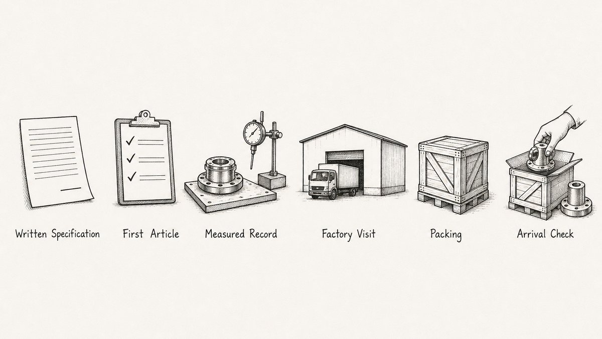 The buying chain for a machine drawn as a pen and ink engineering plate with a label under each: a ruled sheet with a blank signature line, a clipboard with ticks against three lines, a machined part on a surface plate beside a dial gauge, a blank warehouse building with a loading doorway and a truck, a sealed wooden crate on a pallet, and a hand drawing a part out of an opened crate