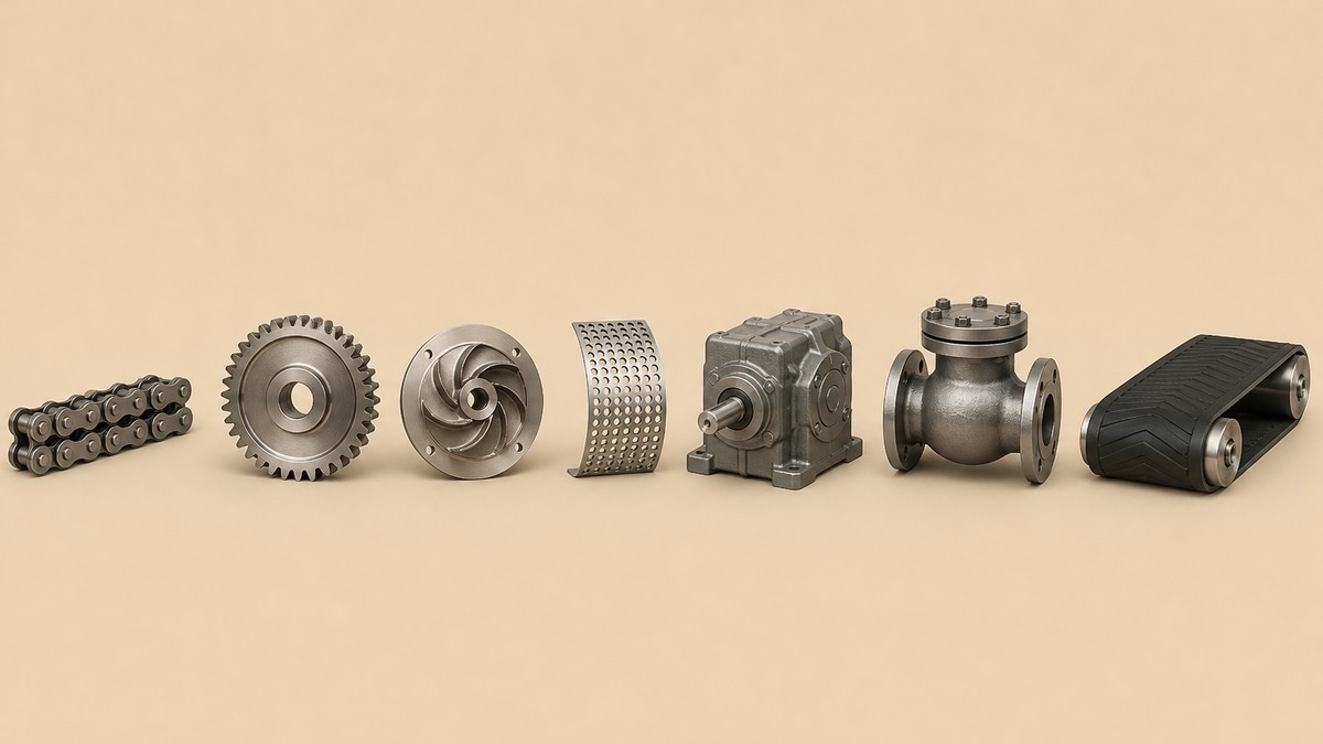 Industrial machinery cover image showing a length of roller chain, a machined spur gear, a pump impeller, a curved perforated screen plate, a gearbox housing, a flanged valve body and a section of conveyor belt on a warm beige studio surface