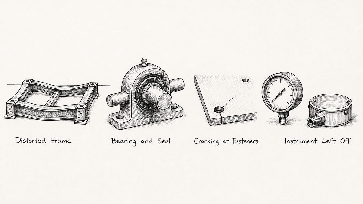 The failures that repeat across industrial machines drawn as a pen and ink engineering plate with a label under each: a base frame bowed and twisted out of flat against a thin straight reference line, a bearing housing with fretting and discolouration around its seal, a flat plate with a crack running from a bolt hole across the corner, and a dial gauge beside an identical instrument lying face down with its connection stub uncovered