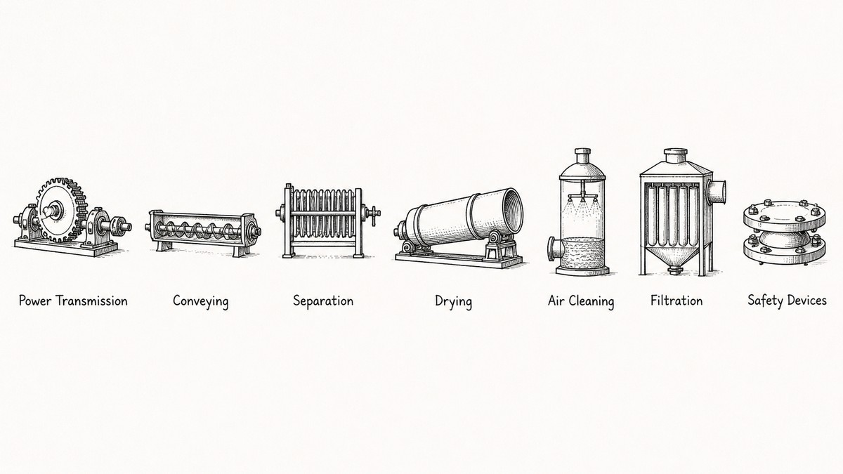 The seven machine families drawn as a pen and ink engineering plate with a label under each: a gear pair with a shaft and coupling, a trough with a helical screw inside, a stack of vertical filter plates, a long sloped rotary drum on rollers, a vertical scrubber tower with a spray head, a housing holding a row of vertical filter bags, and a domed rupture disc between two flanges