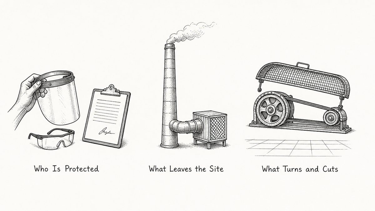 A map of where the rules live, drawn as a pen and ink engineering plate with a label under each: a hand holding a face shield with safety glasses and a signed clipboard, a tall chimney with a plume and a duct leading into a box filter, and a belt drive with a mesh guard lifted slightly above it over a floor grid
