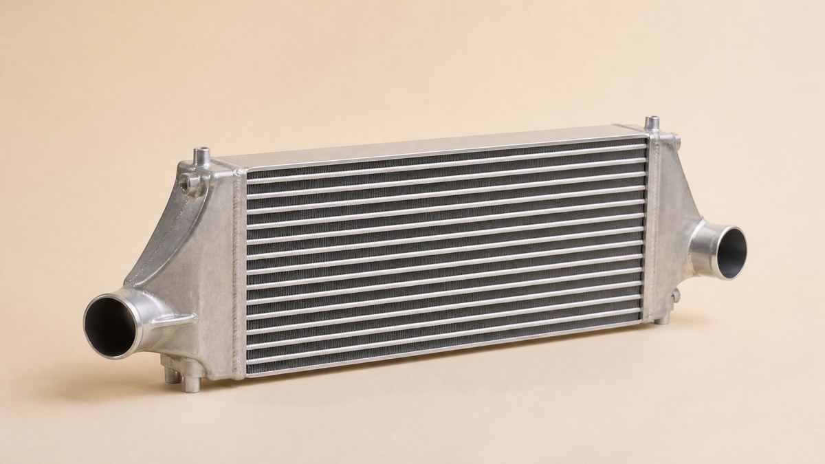 Bar-and-plate intercooler core with rows of fins and a pair of end tanks