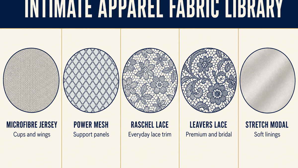 Intimate apparel fabric library: microfibre jersey, power mesh, raschel lace, Leavers lace, modal, bamboo viscose