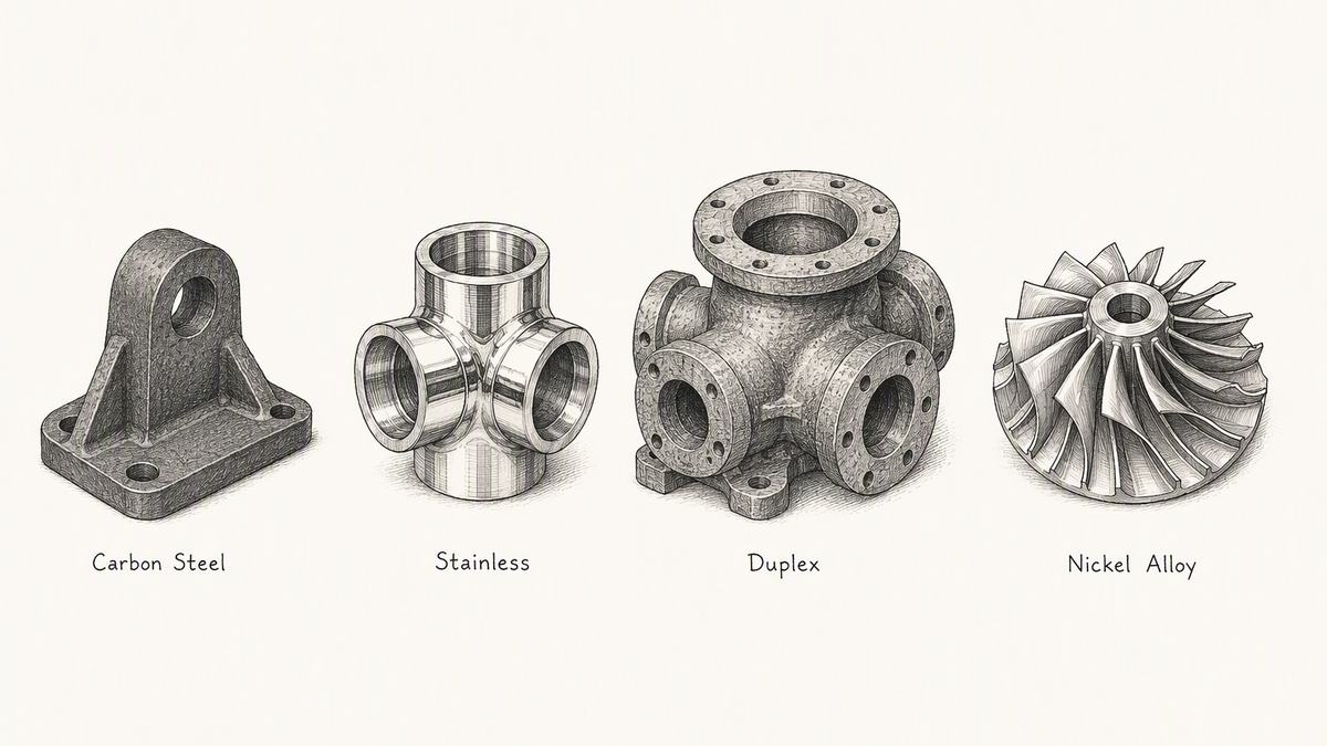 Pen and ink engineering plate showing four alloy families in one row with a plain label under each reading Carbon Steel, Stainless, Duplex, Nickel Alloy