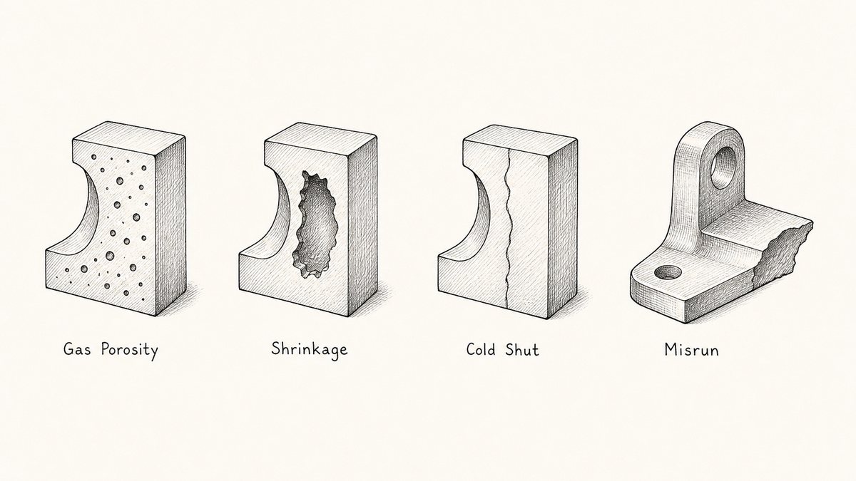 Pen and ink engineering plate showing four casting faults in one row with a plain label under each reading Gas Porosity, Shrinkage, Cold Shut, Misrun