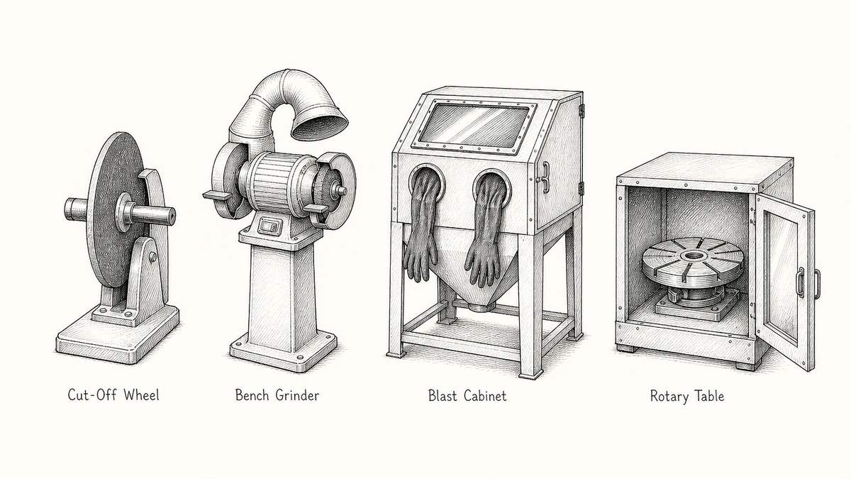 Pen and ink engineering plate showing four finishing stations in one row with a plain label under each reading Cut-Off Wheel, Bench Grinder, Blast Cabinet, Rotary Table