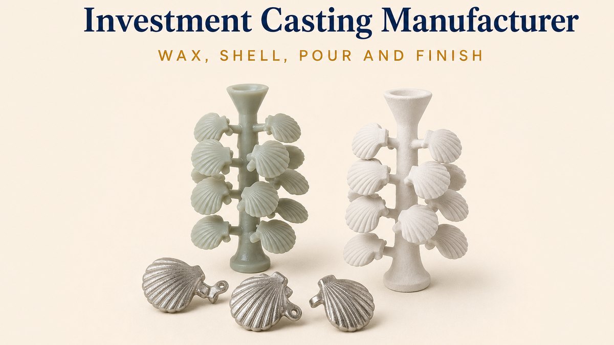 Blog cover showing a wax pattern tree for investment casting on a warm cream background, with a navy serif headline reading Investment Casting Manufacturer and an amber subhead reading Wax, Shell, Pour and Finish