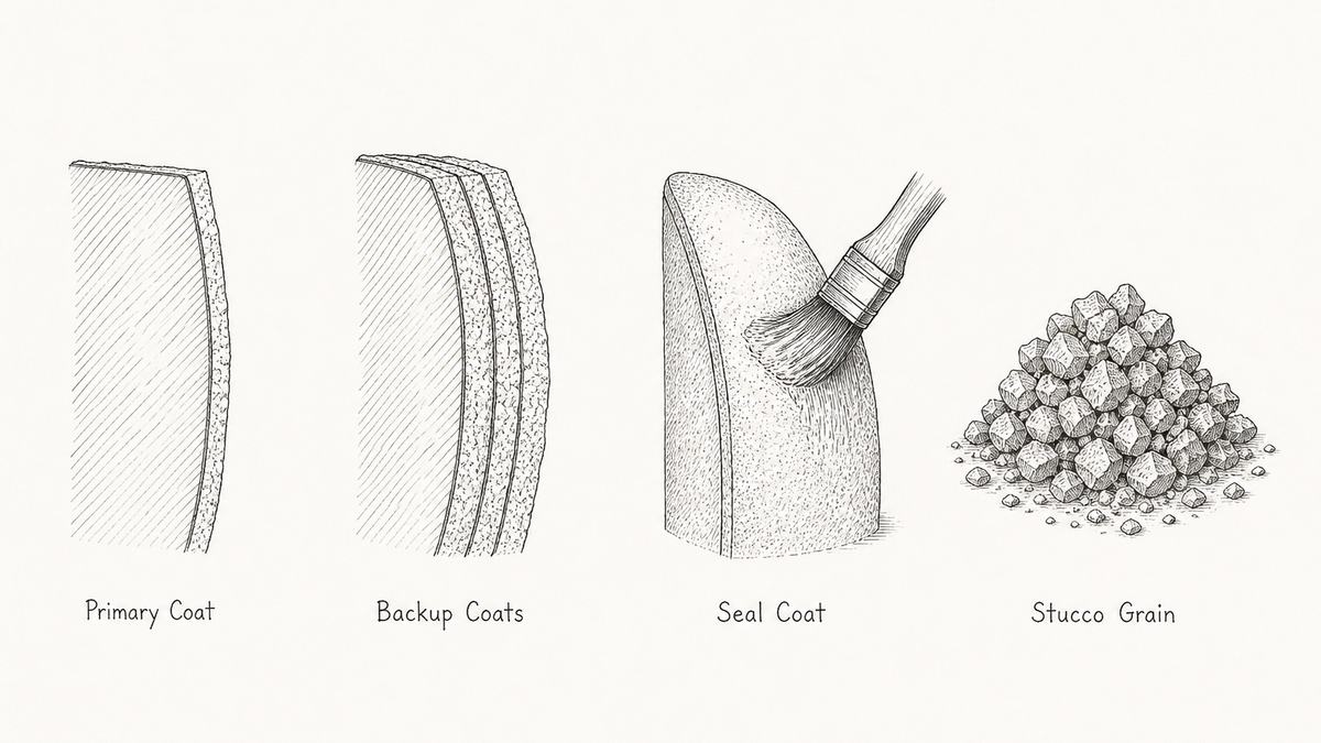 Pen and ink engineering plate showing four shell layers in one row with a plain label under each reading Primary Coat, Backup Coats, Seal Coat, Stucco Grain