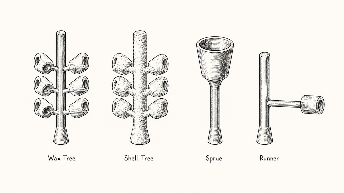 Pen and ink engineering plate showing four parts of a casting tree in one row with a plain label under each reading Wax Tree, Shell Tree, Sprue, Runner