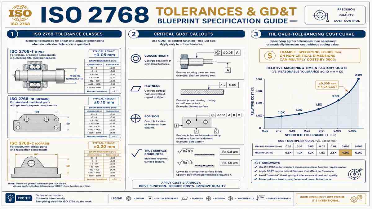 ISO 2768 Tolerance Classes and GDT Blueprint Specification Guide Infographic