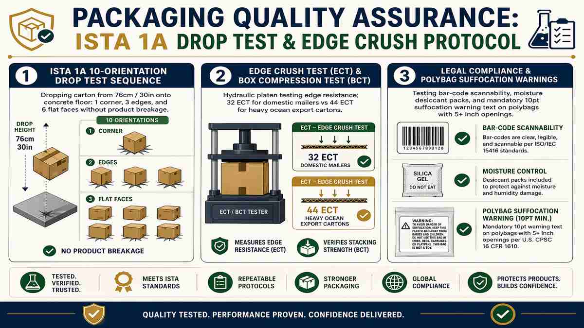 Packaging Quality Assurance ISTA 1A Drop Test and Edge Crush Protocol Infographic