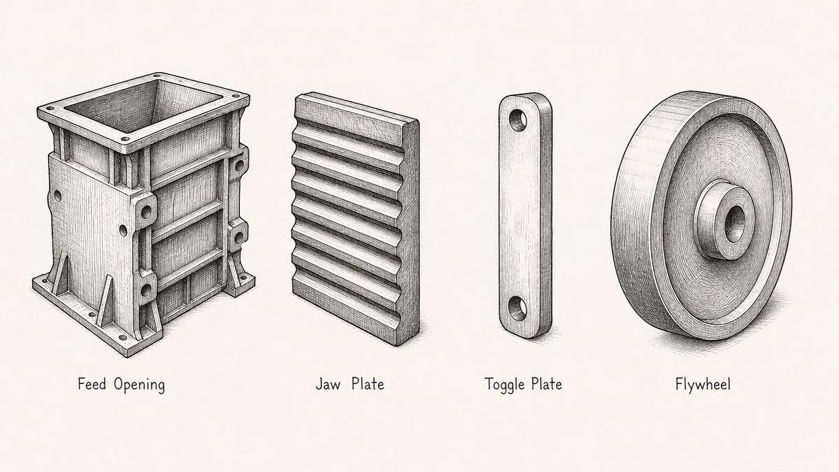 Pen and ink engineering plate showing four jaw crusher parts in one row with a plain label under each reading Feed Opening, Jaw Plate, Toggle Plate, Flywheel