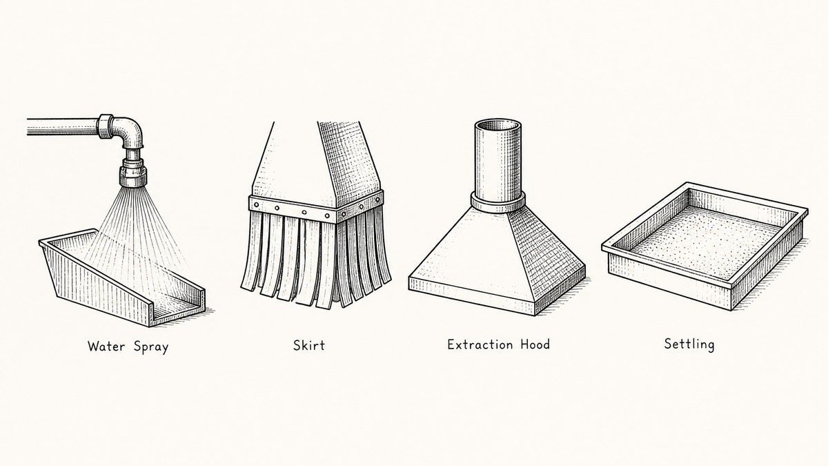 Pen and ink engineering plate showing four dust control measures in one row with a plain label under each reading Water Spray, Skirt, Extraction Hood, Settling