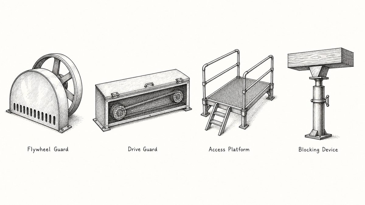 Pen and ink engineering plate showing four guard and access items in one row with a plain label under each reading Flywheel Guard, Drive Guard, Access Platform, Blocking Device