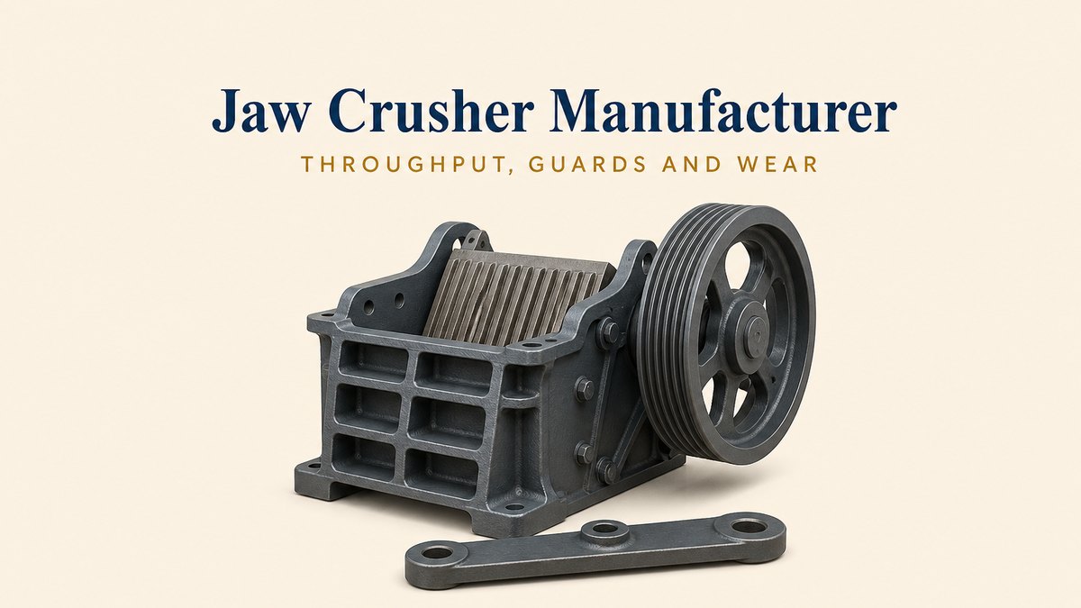 Blog cover showing a cast steel jaw crusher body with two ribbed jaw plates, a toggle plate and a flywheel on a cream background, with a navy serif headline reading Jaw Crusher Manufacturer and an amber subhead reading Throughput, Guards and Wear