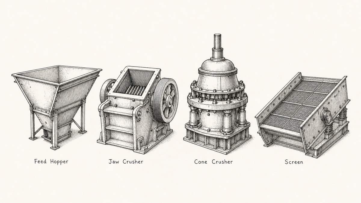 Pen and ink engineering plate showing four stages of a crushing plant in one row with a plain label under each reading Feed Hopper, Jaw Crusher, Cone Crusher, Screen
