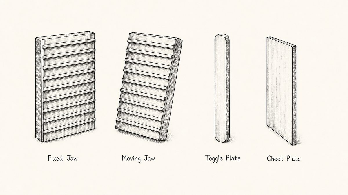 Pen and ink engineering plate showing four jaw crusher wear parts in one row with a plain label under each reading Fixed Jaw, Moving Jaw, Toggle Plate, Cheek Plate