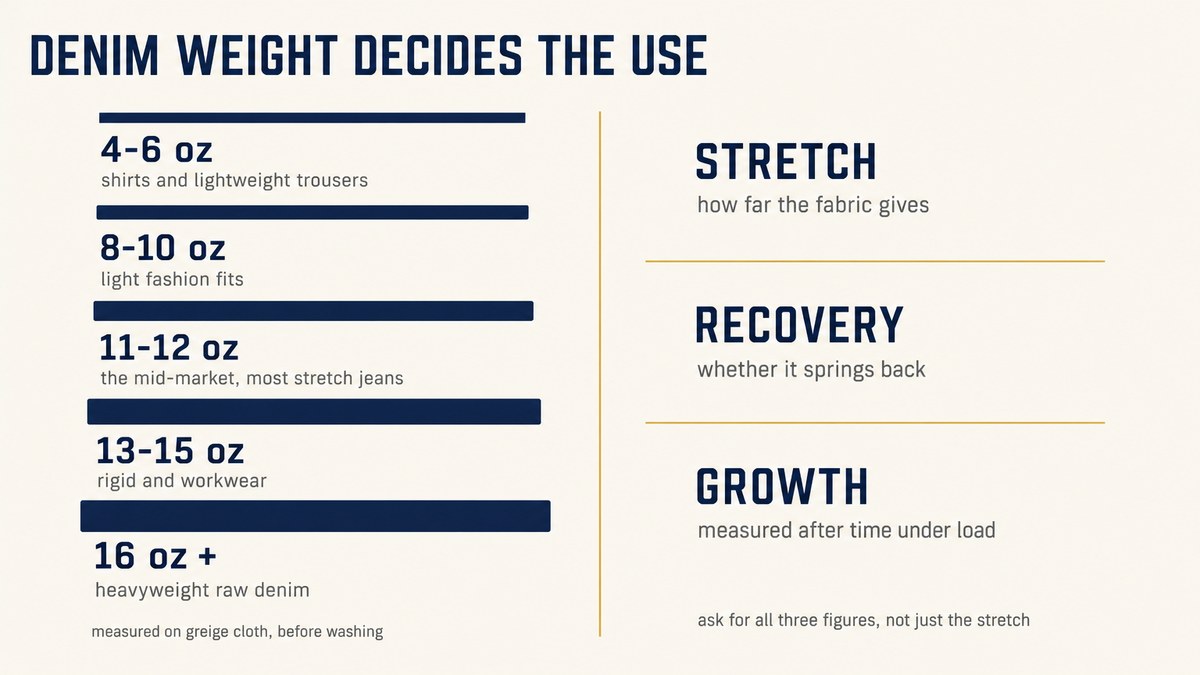 Denim weight in ounces compared by garment use, with stretch, recovery and growth explained