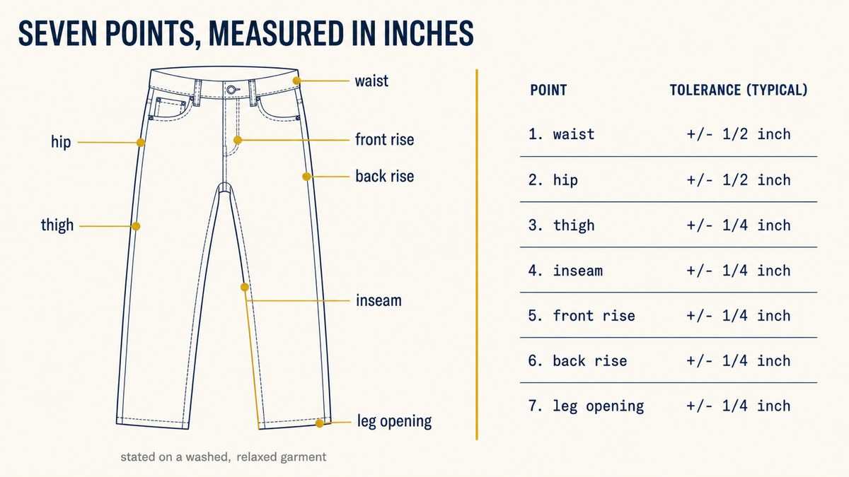 Seven jeans measurement points with typical tolerances in inches, taken on a washed garment