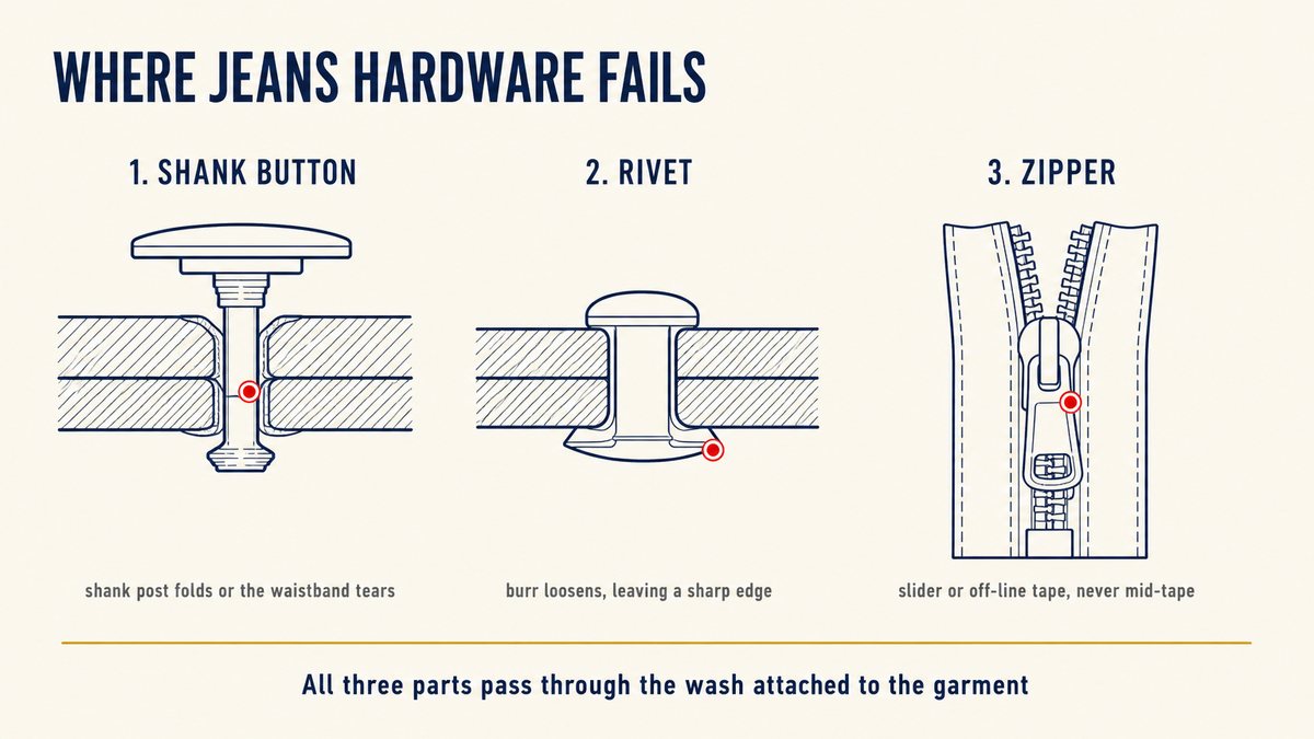 Jeans hardware failure points: shank button, rivet and zipper, showing where each part breaks