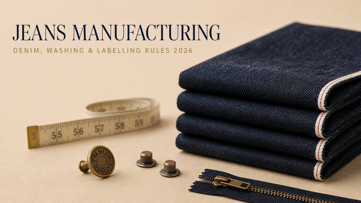 Jeans manufacturing sourcing guide covering denim fabric, washing, hardware, fit and labelling rules