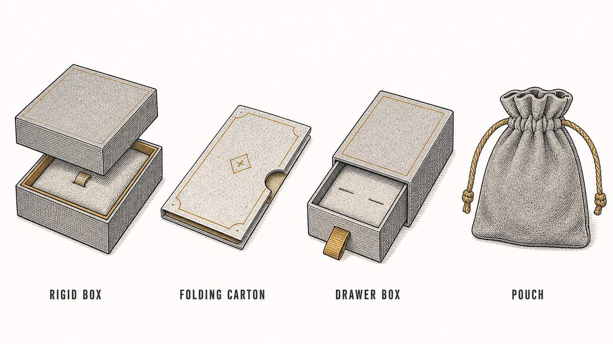 Four jewellery packaging types drawn as technical flats in one row: a thick rigid set-up box with its lid slightly lifted, a thin flat-packed folding carton, a two-part drawer box with a small ribbon pull, and a velvet drawstring pouch