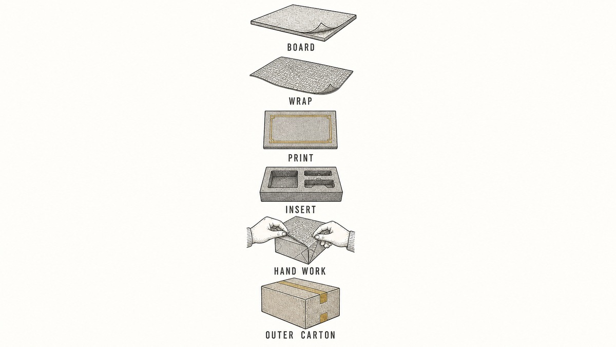 Jewelry box cost lines drawn as six labelled material objects in a column: a grey board sheet, a paper wrap swatch, a foil-stamped and embossed panel, a shaped flocked insert tray, a drawn pair of hands wrapping a box corner, and a small corrugated outer carton