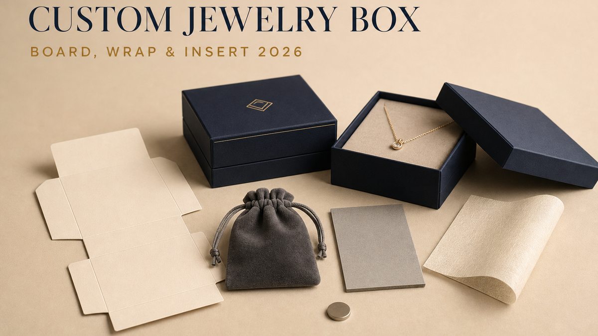 Custom jewelry box manufacturer cover: a closed navy rigid set-up box, an open rigid box with a flocked tray holding a thin necklace, a flat folded cream carton, a grey velvet drawstring pouch, a bare sheet of grey board, a cream wrap paper swatch and a single round magnet on a pale beige studio surface